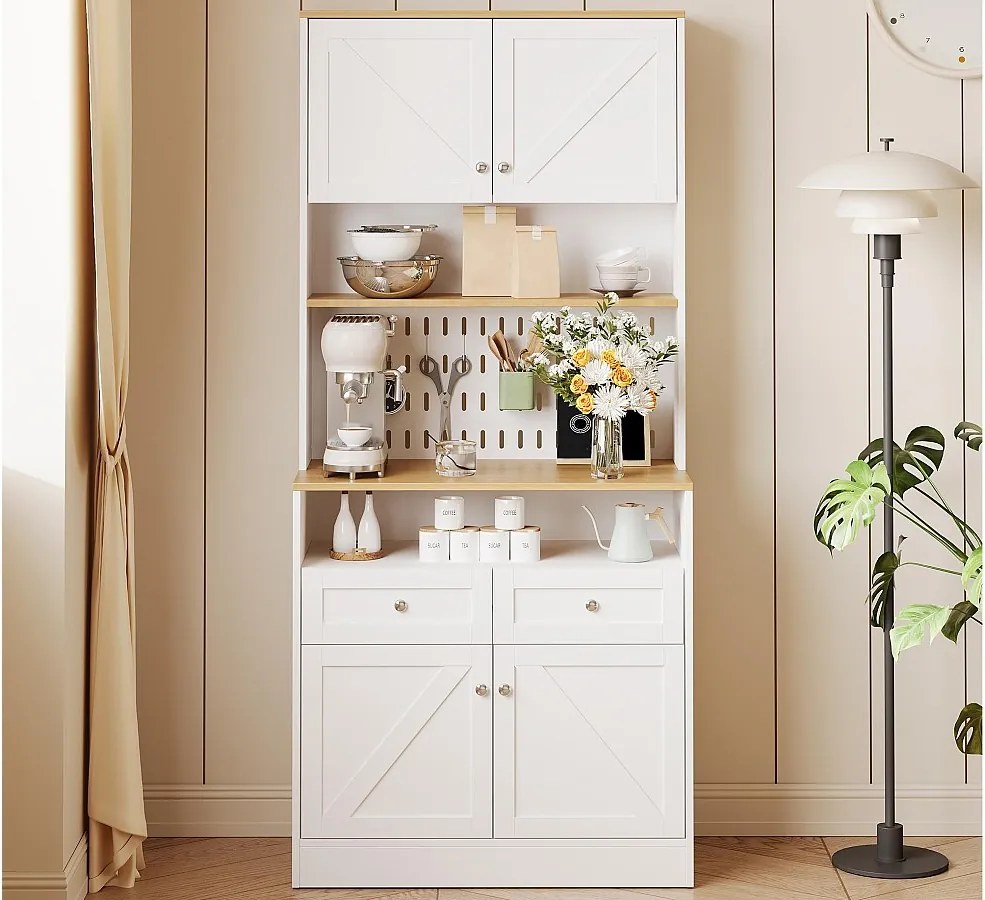 Nowoczesny bufet kuchenny 80x40x175 cm - z 2 szufladami i 4 drzwiami - Biały + kolor naturalny