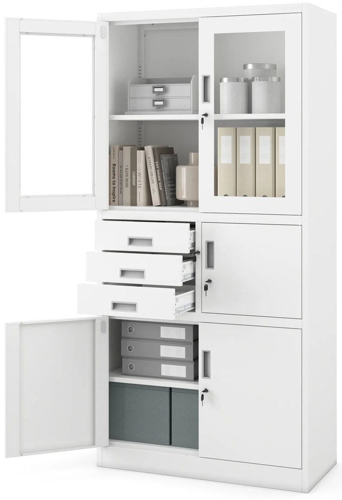 Szafa biurowa metalowa z sejfem, szklane drzwi, biała, 900x1850x400 mm: FILIP