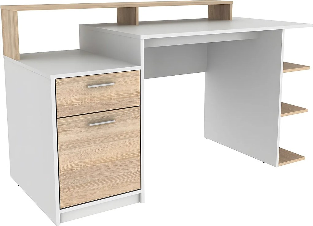 Biurko z półkami ZACHARIE - Kolor: biały i dębowy