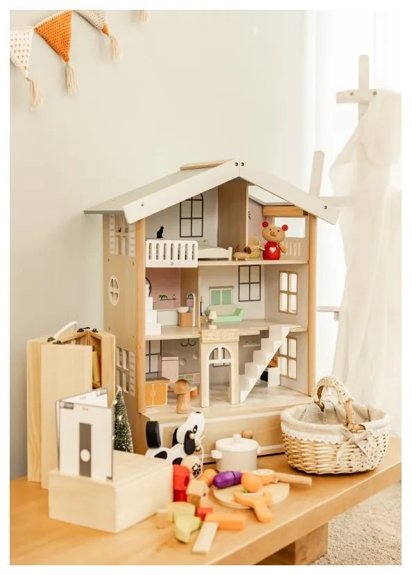 Classic world duży drewniany domek dla lalek 2 figurki naturalne drewno 28 el.