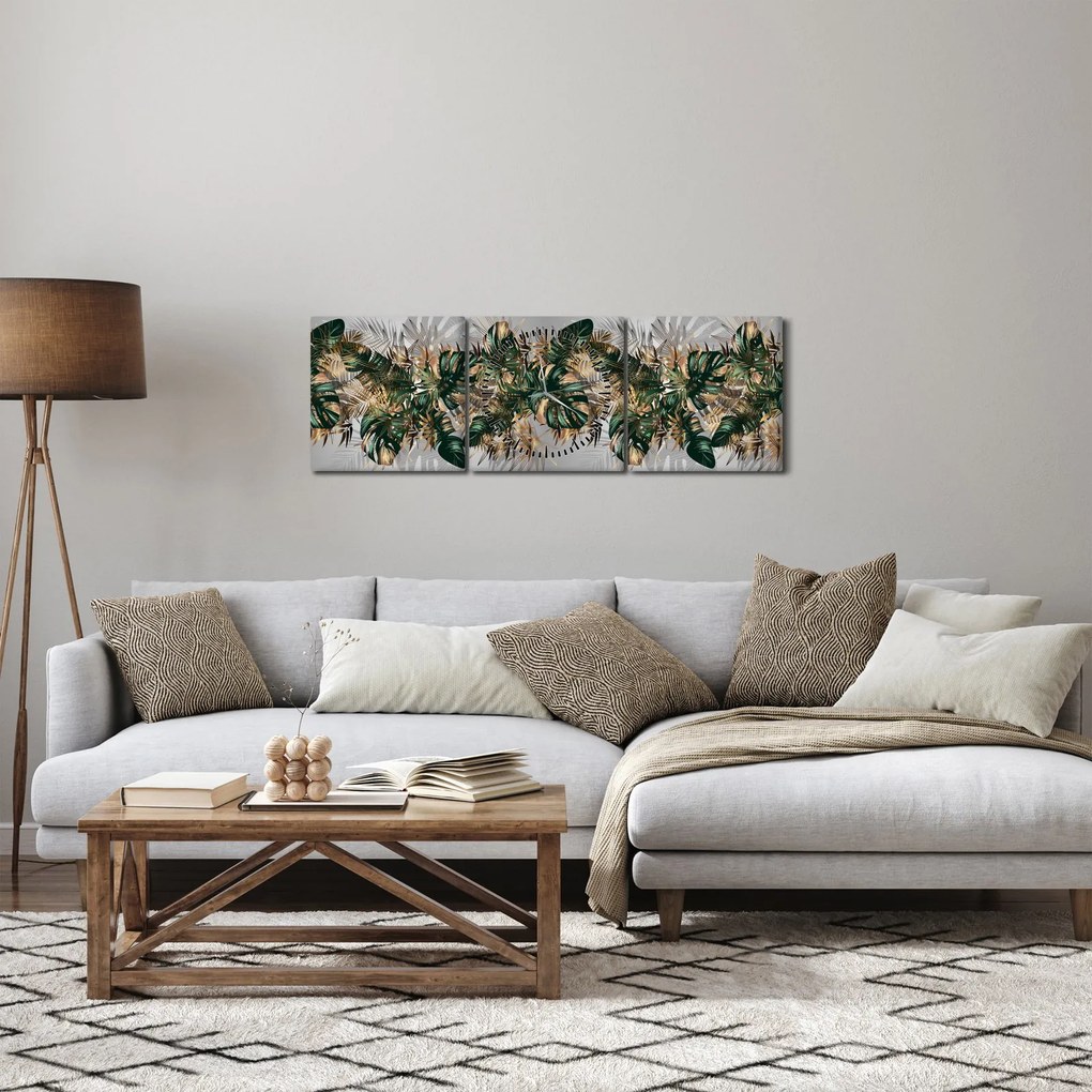 Obraz - Złoto - zielone tropikalne liście (z zegarem) (90x30 cm)