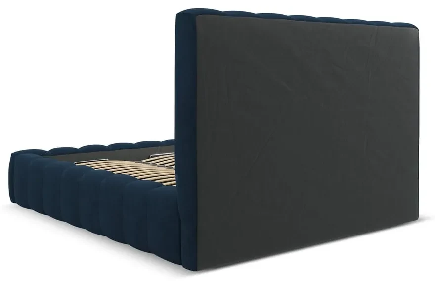 Ciemnoniebieskie tapicerowane łóżko dwuosobowe ze schowkiem i stelażem 200x200 cm Kelp – Micadoni Home