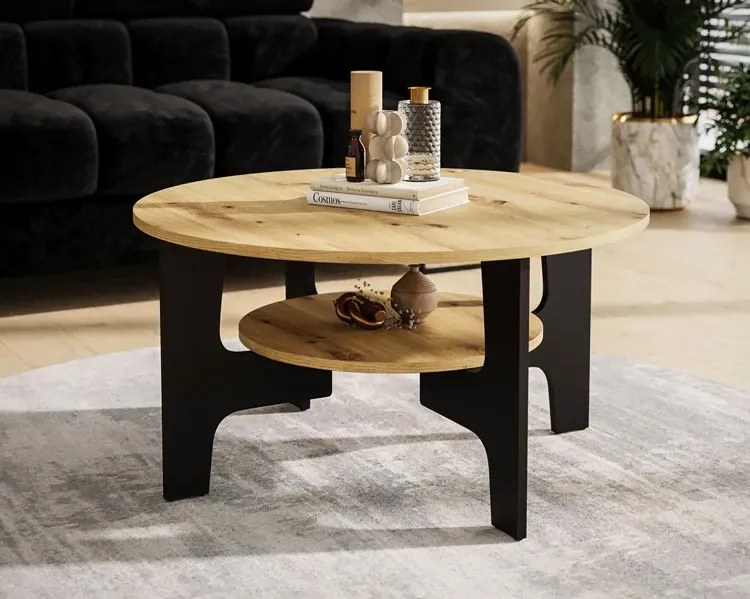 Nowoczesny okrągły kawowy stolik z półką dąb artisan + czarny D8-T04