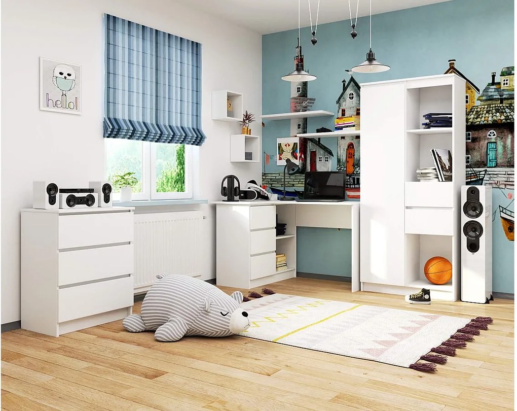 Biurko narożne AKORD B16 Białe 124 cm lewe 3 szuflady kolor Biały mat 2 półki 124x85x77 cm