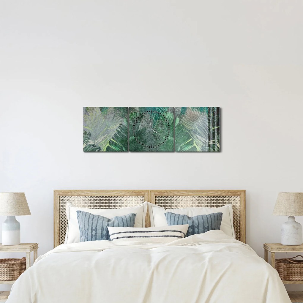 Obraz - Tekstura betonu z liśćmi (z zegarem) (90x30 cm)