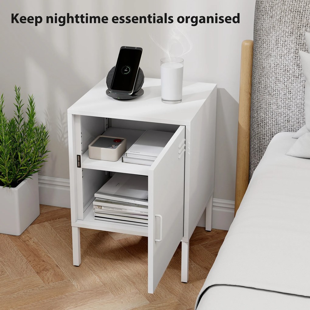 HOMCOM Stolik nocny ze stali, stolik pomocniczy do różnych zastosowań, regulowana półka, do sypialni, salonu, biały
