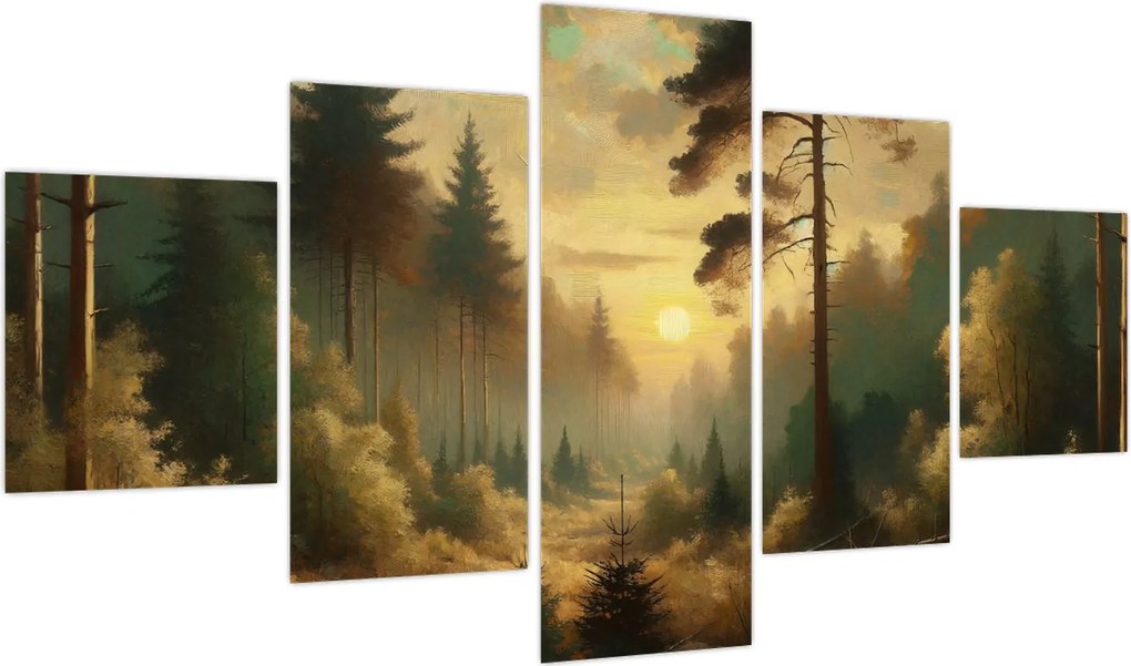 Obraz - Słońce świecące przez las (125x70 cm)