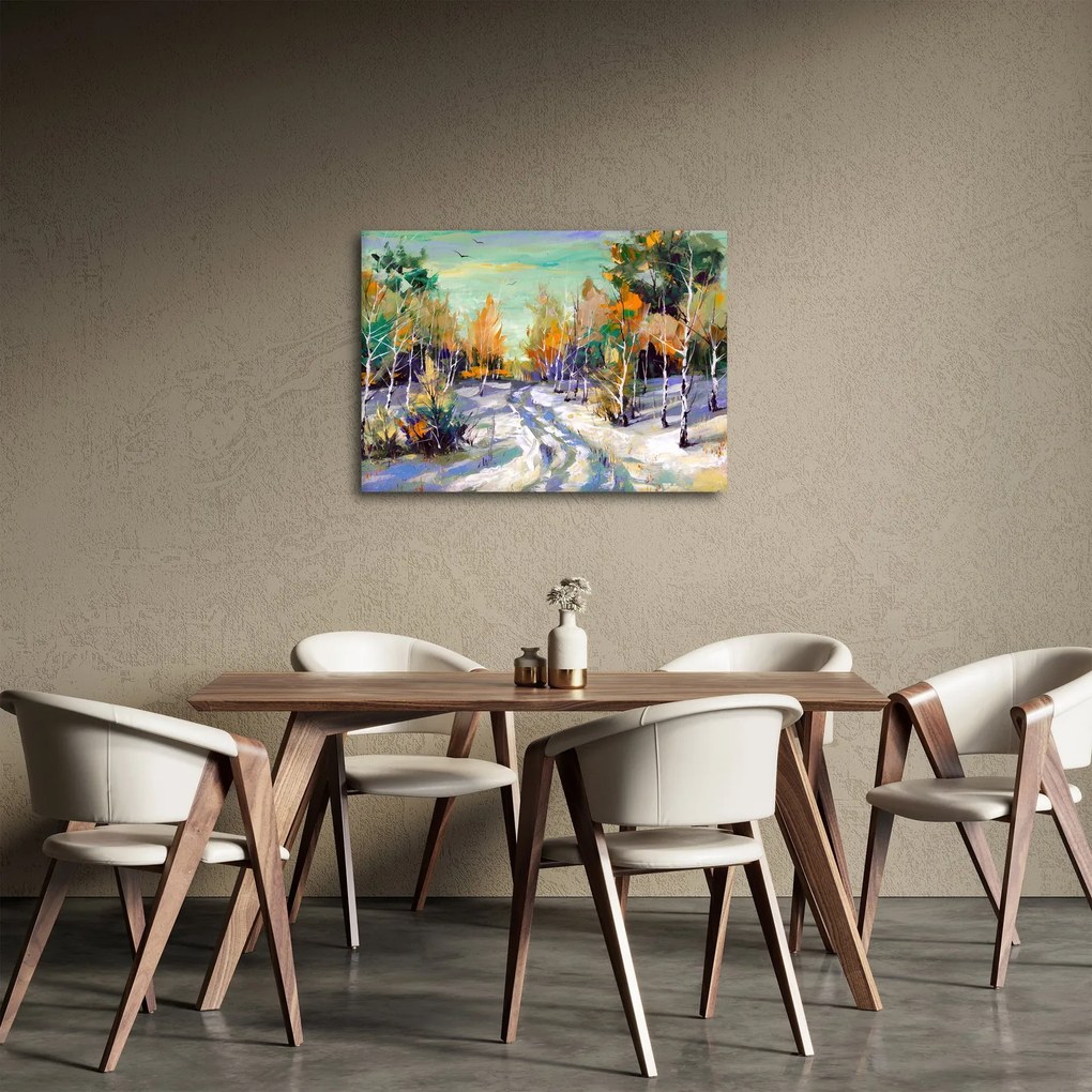 Obraz - Zaśnieżona ścieżka przez las, obraz olejny (70x50 cm)