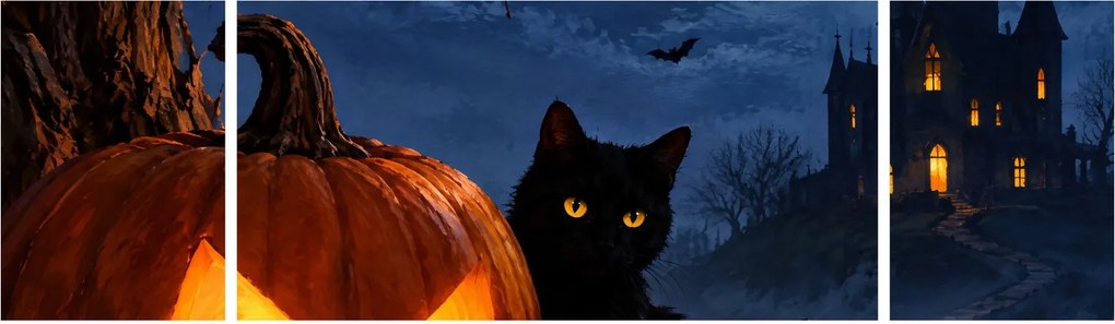 Obraz - Czarny kot przy świecącej dyni na Halloween (170x50 cm)