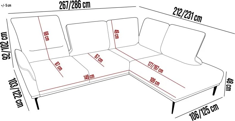 Narożnik STORM L układ L Prawostronny z funkcją regulacji oparcia i wysuwu podnóżka WERSAL