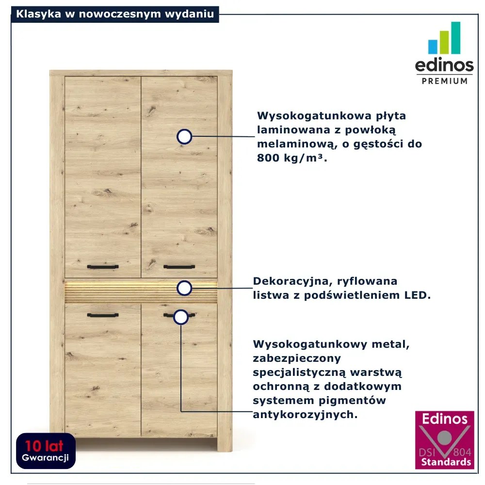 Szafa czterodrzwiowa z półkami i drążkiem podświetlana dąb artisan W3-M65