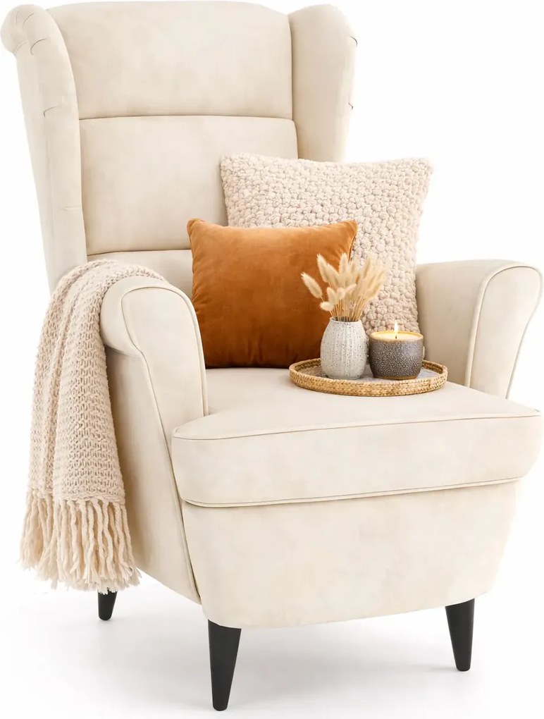 Kremowy welurowy fotel wypoczynkowy N3-C79