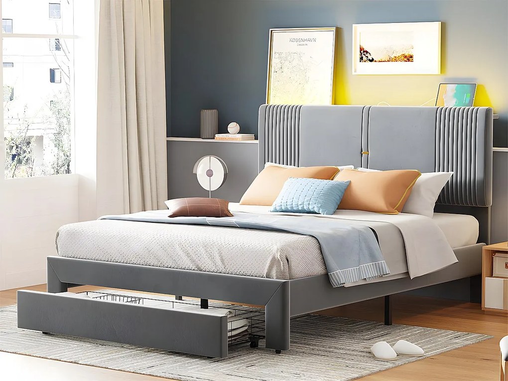 Łóżko podwójne tapicerowane welurem 140x200cm - z LED i portem ładowania USB - z dużą szufladą - Szare
