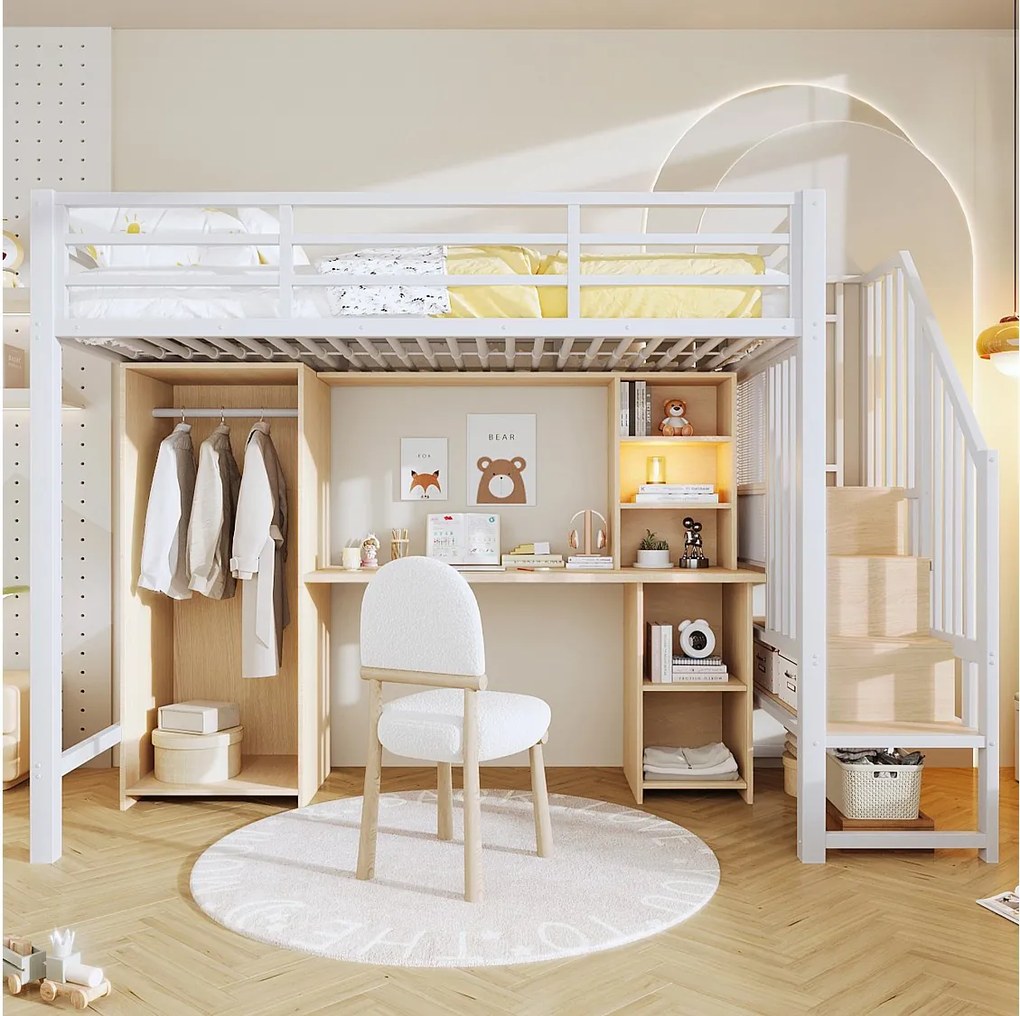 Łóżko piętrowe dla dzieci - 90 x 200 cm - rama żeliwna - ze schodkami do przechowywania + szafa + biurko + półki - metalowe - białe