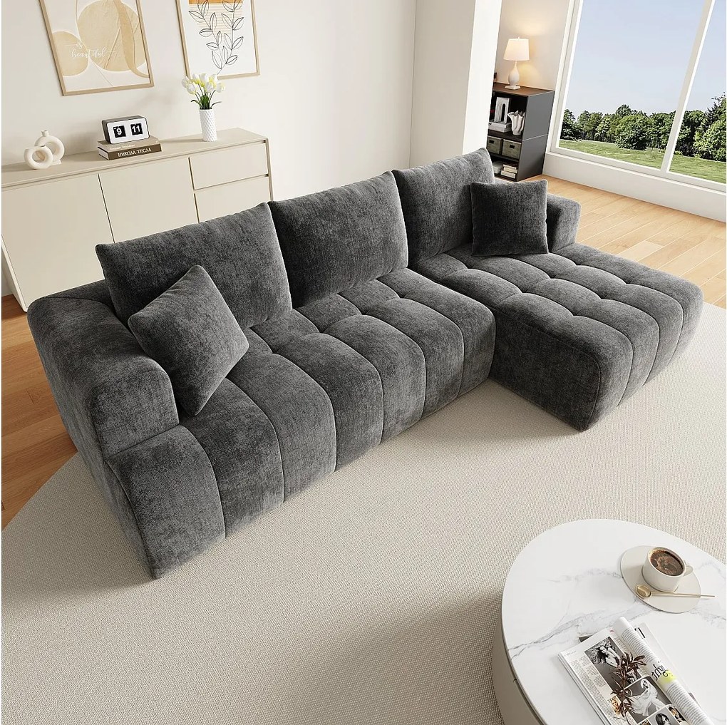 Modułowa 3-osobowa kanapa narożna prawa, chenille szary, 3 poduszki, 2 podgłówki, szezlong, 244.5x136x79cm