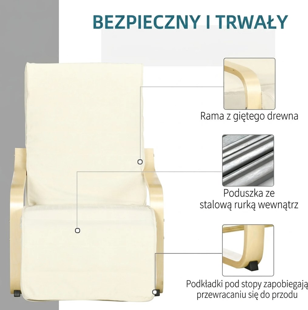 HOMCOM Leżak z Poduszką, Regulowany Podnóżek w 5 Pozycjach, Drewno Brzozowe, do 120 kg, 66,5 x 94 x 100 cm, Kremowy | Aosom PL