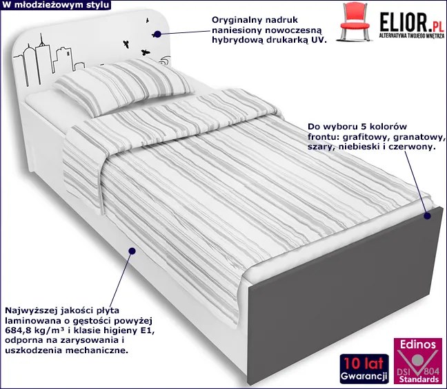 Biało-grafitowe łóżko młodzieżowe 90x200 H0-M73