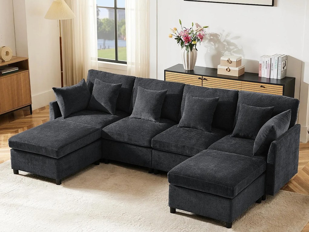 Nowoczesna kanapa - 4 osoby - przekształcalna w U i L - z 2 podnóżkami + 6 poduszkami - tkanina chenille - Szary