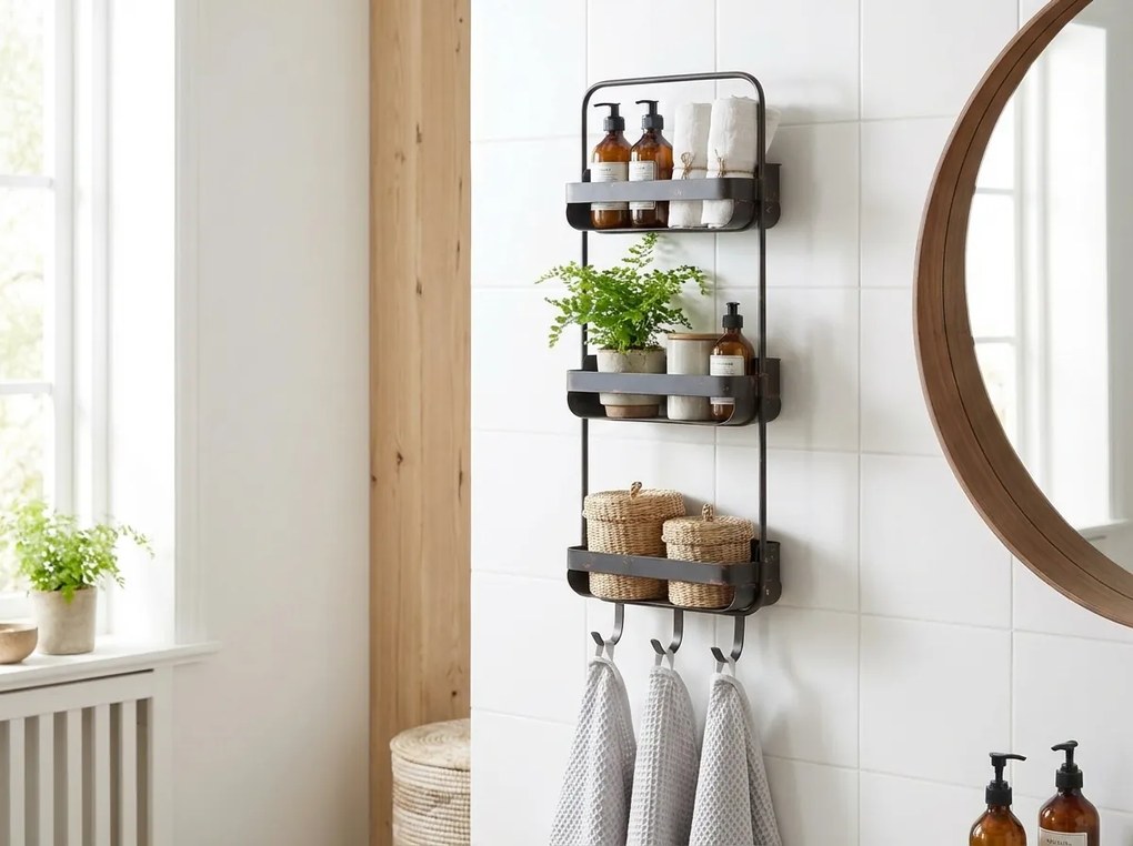 Metalowa półka do łazienki RAKKA 81x31 cm, czarna z patyną