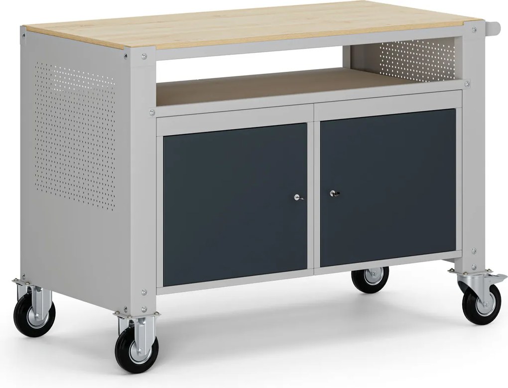 Mobilny stół warsztatowy G9, 1 półka, 2 szafki, 1180 x 595 x 865-1130 mm, szary/grafitowy