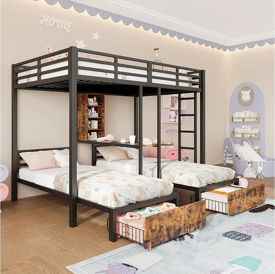 Łóżko piętrowe dziecięce 3 miejsca - 140 x 200 cm + 2 x 90 x 200 cm - z 2 szufladami - Metal + MDF - czarne