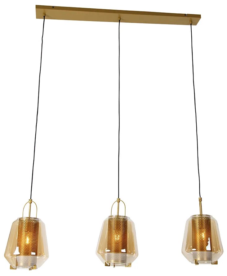 Lampa wisząca złota z bursztynowym szkłem 23 cm owalna 3-światłowa - Kevin ArtDeco Oswietlenie wewnetrzne