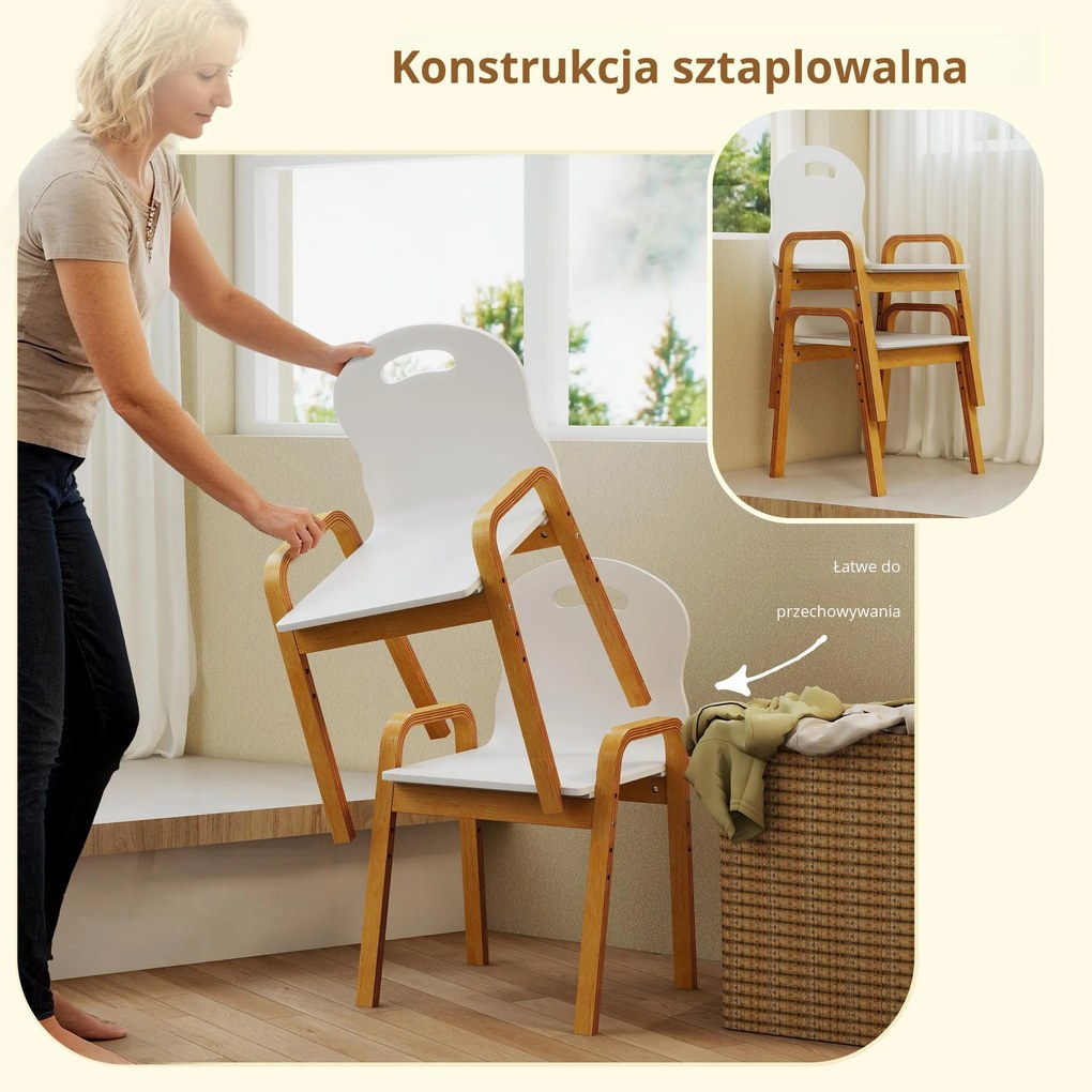 AIYAPLAY zestaw drewnianych krzeseł dla dzieci, antypoślizgowe nakładki na nóżki, 3–15 lat, regulacja wysokości, Biały