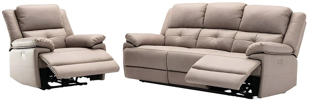 Kanapa 3-osobowa i fotel z elektryczną funkcją relax z tkaniny w kolorze taupe DOLENE