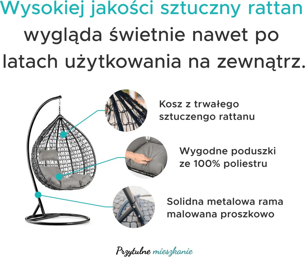 Fotel wiszący czarny KOKON bez stojaka, poduszka biało-szara