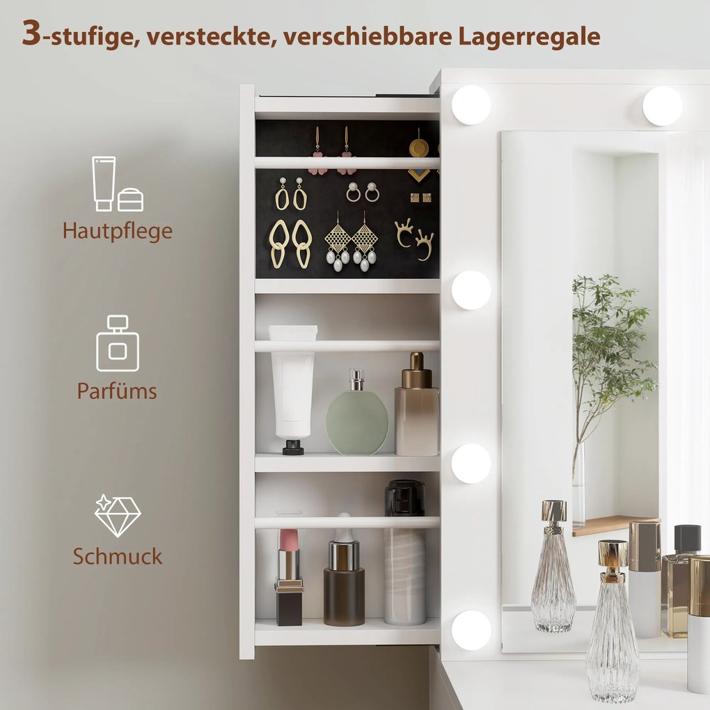 HOMCOM Toaletka z lustrem i 12 lampami LED, toaletka z 7 szufladami, 6 ukrytymi schowkami, płyta wiórowa, Biały