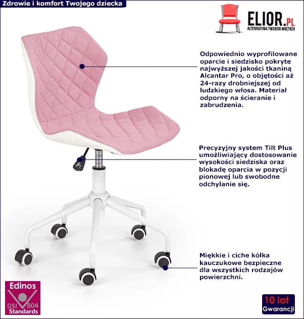 Różowy młodzieżowy fotel do biurka pikowany R9-N50