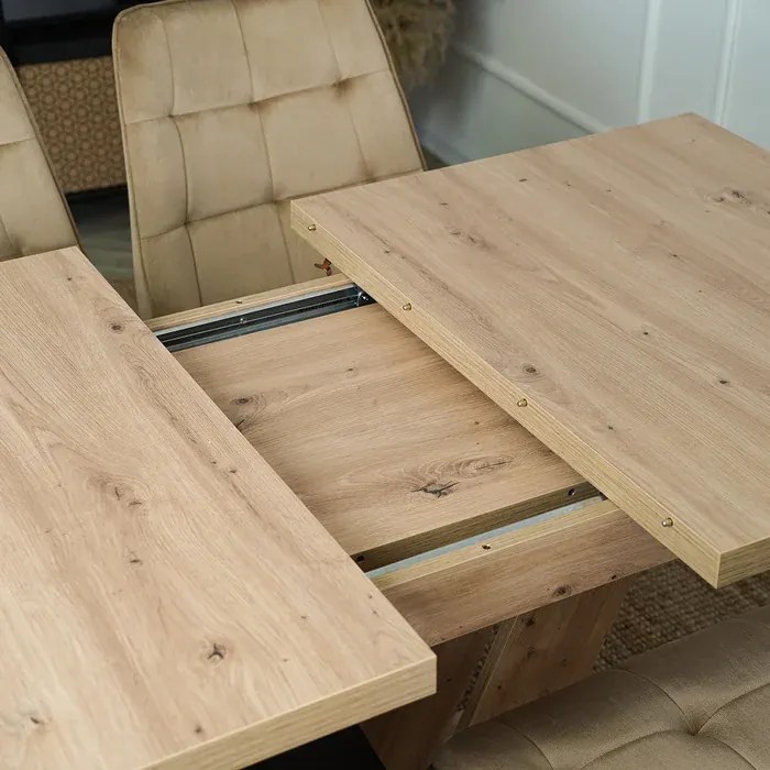 Zestaw Stół Prostokątny Rozkładany CLARK 120-160 cm Dąb Artisan/Czarny i 4 Krzesła Tapicerowane do Salonu RODRI Beżowe