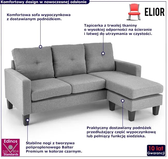 Popielata sofa z dostawianym podnóżkiem D8-D05