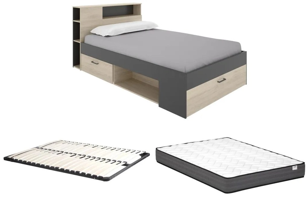 Łóżko z zagłówkiem  ze skrzynią i i szufladami - 120 x 190 cm - Naturalny i antracytowy + Stelaż + Materac - LEANDRE