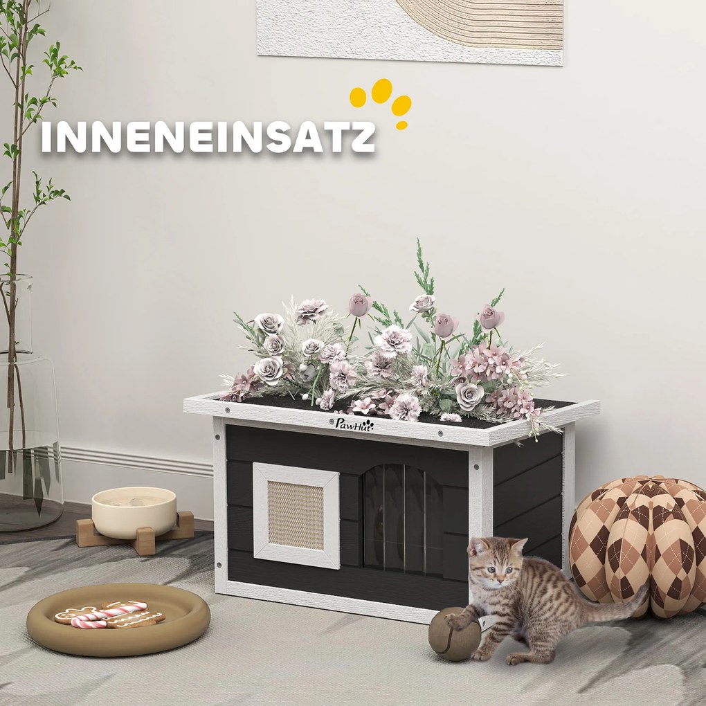 PawHut Domek dla kota i królika, miejsce odosobnienia, drewniany domek z matą do drapania, klapką, 61 x 45 x 36,5 cm, Szary