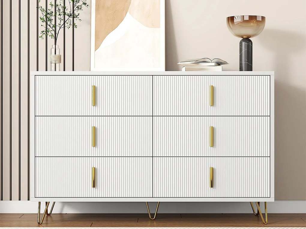 Bufet 120x40x77 cm - z 6 szufladami - złote uchwyty - Biały