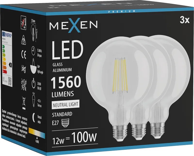 Mexen Vintis 3x żarówka filament LED E27, G125, 12W, Neutralna - 4000K, 1560 lm, clear - L158-E27-1240-00x03