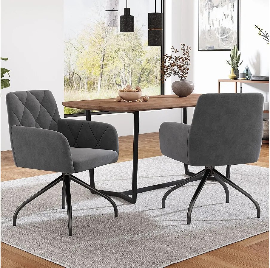 Zestaw 2 obrotowych krzeseł do jadalni, ciemnoszary aksamit, krzesło z podłokietnikami i oparciem, nogi metalowe