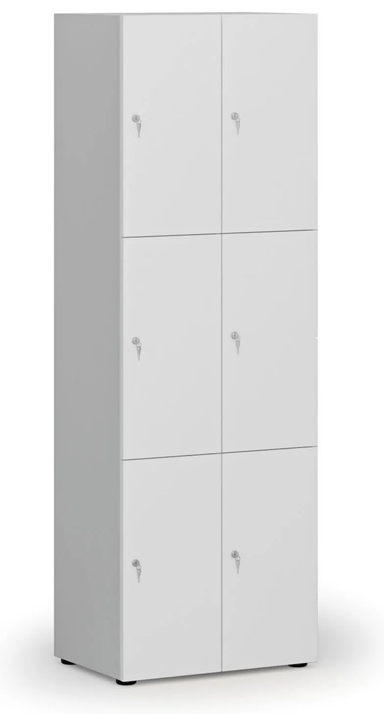 Drewniana szafka skrytkowa S4, 6 schowków, demontaż, zamek cylindryczny, szary/biały