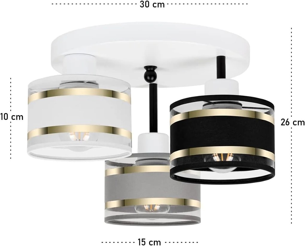 Lampa sufitowa biała trzypunktowa z szaro-czarno-białymi abażurami T-3