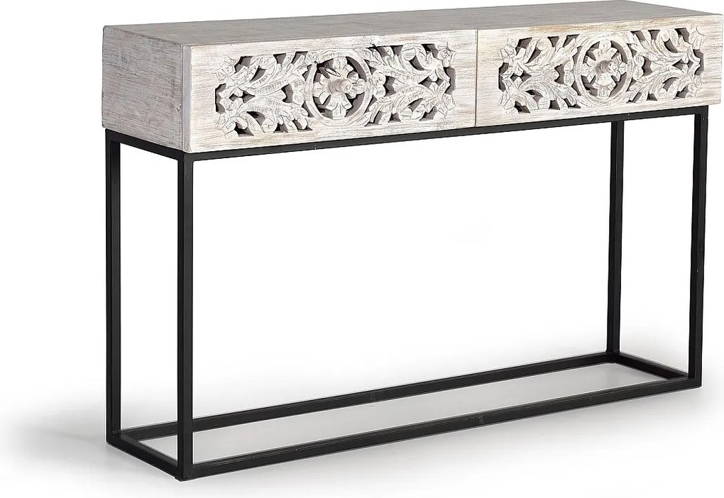 Konsola na manguierze i nogach ze starego czarno-białego metalu