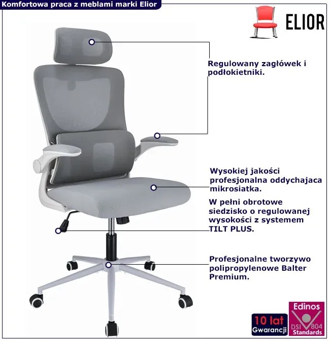 Szare regulowane krzesło biurowe z zagłówkiem W3-R59