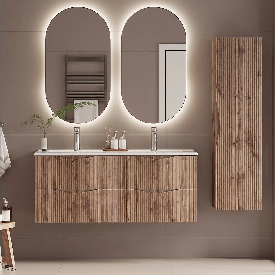 Zestaw do Łazienki 120cm Szafka z Umywalką Słupek Ryflowane Fronty Dąb Wotan Cleo