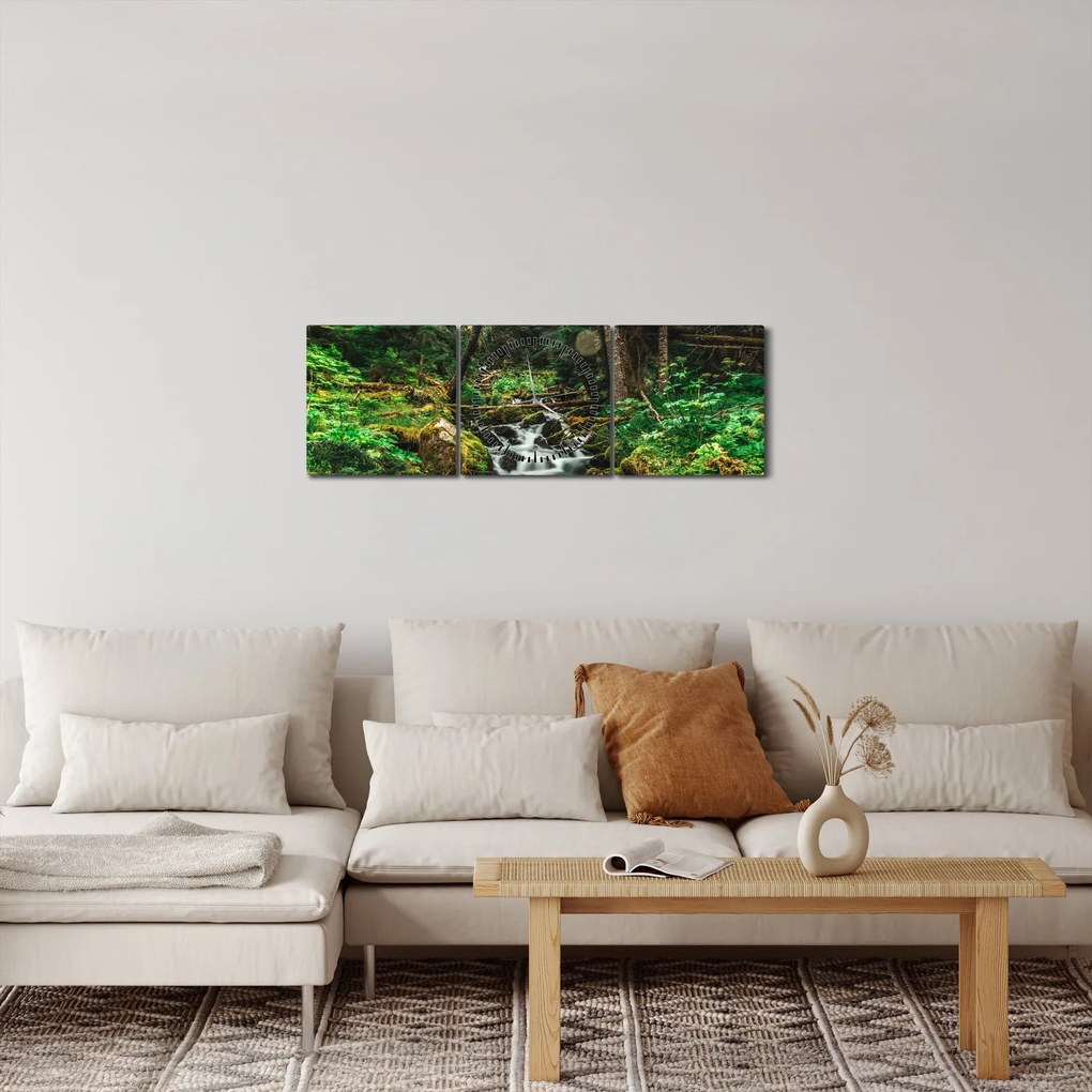 Obraz strumienia w lesie (z zegarem) (90x30 cm)