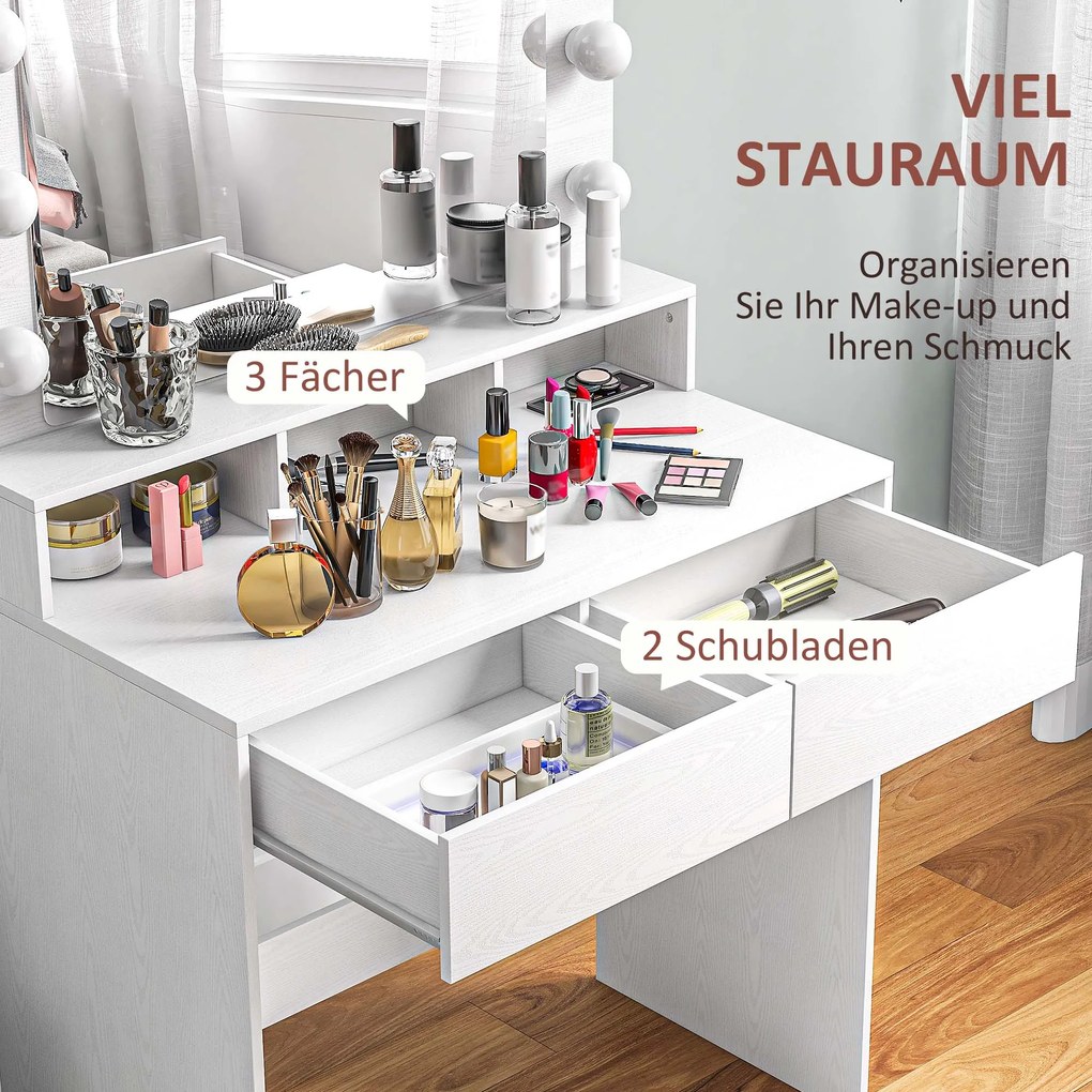 HOMCOM Toaletka z oświetlonym lustrem, szufladami, 3 opcje światła, 10 żarówek, nowoczesna toaletka w kolorze białym