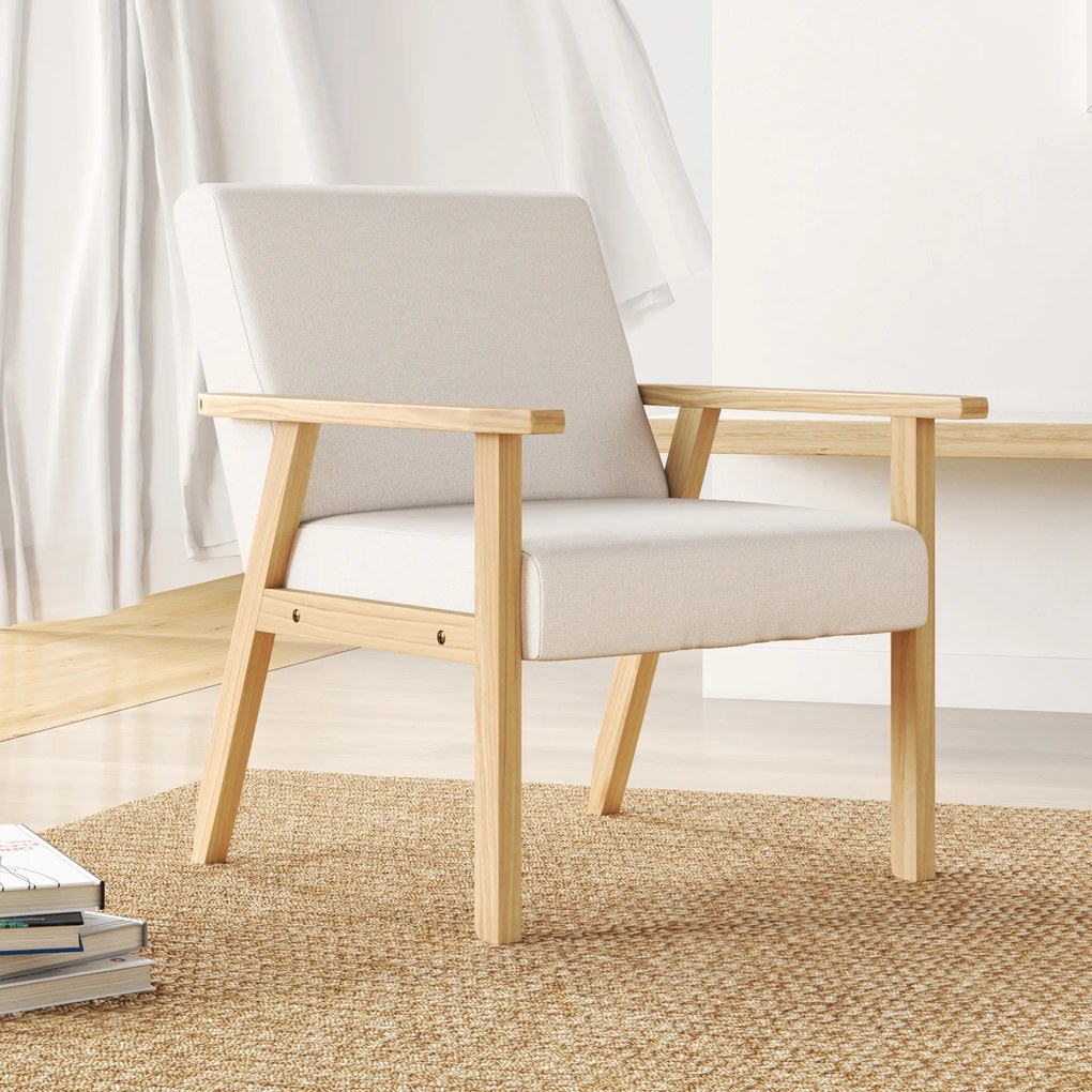 HOMCOM Fotel tapicerowany z podłokietnikami, krzesło do jadalni w wyglądzie lnu, rama z litego drewna, 64 x 70 x 72 cm, kremowy