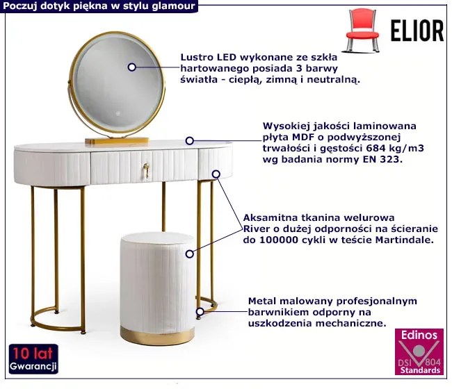 Biała toaletka z pufą i lustrem w stylu glamour - Erton 4X