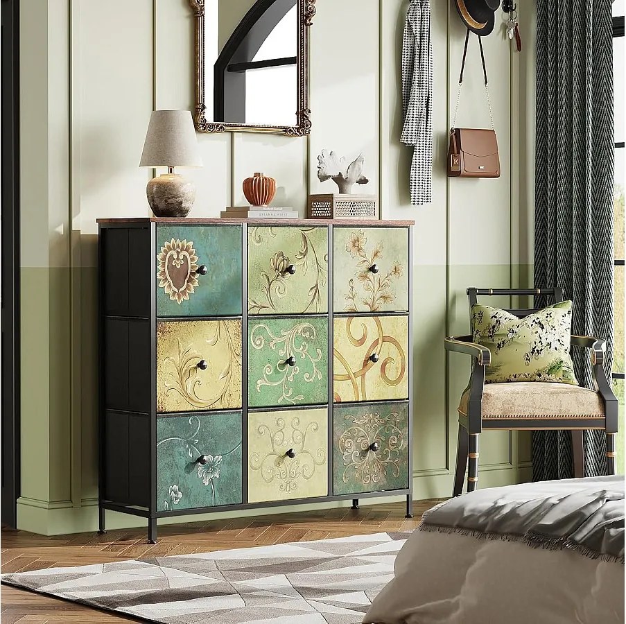 Komoda materiałowa z 9 szufladami, 100 x 30 x 87 cm – wzór retro