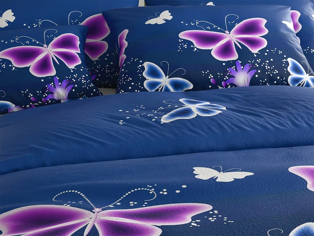 PrzytulneMieszkanie.pl PrzytulneMieszkanie.pl PrzytulneMieszkanie.pl Zestaw pościeli z mikropluszu VIOLET BUTTERFLY ciemnoniebieskie + prześcieradło z mikropluszu SOFT 90x200 cm białe, jednoosobowe łóżko
