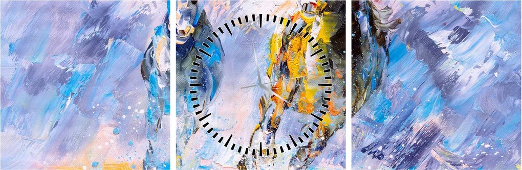 Obraz biegnących koni, obraz olejny (z zegarem) (90x30 cm)